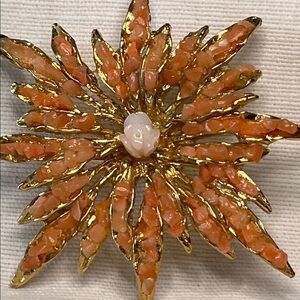 Vintage Starburst Coral Chip & Carved Rose Brooch – Gold Tone Statement Pin
